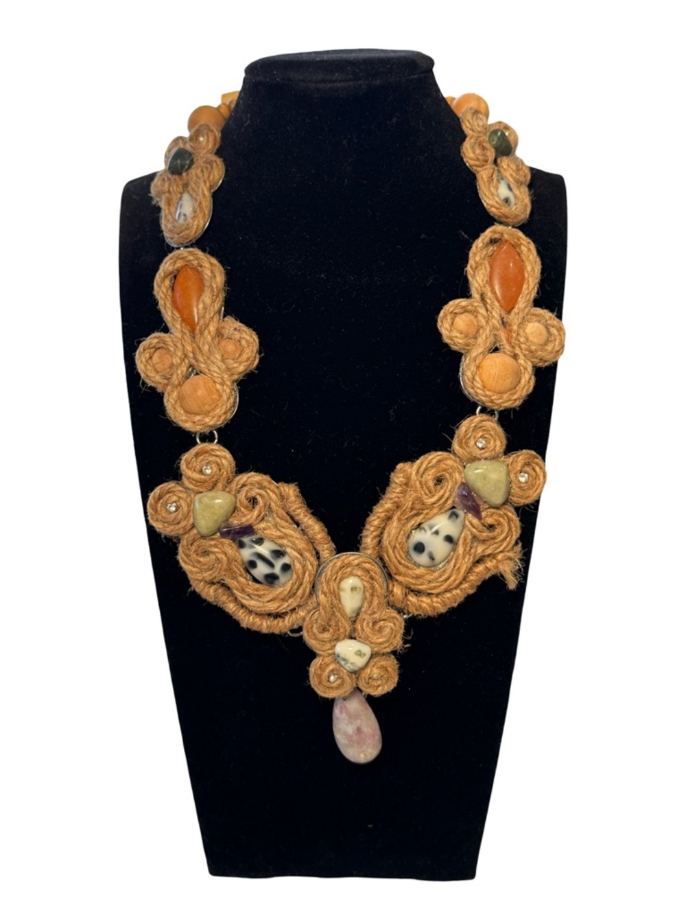 🍈☮️🎍 Zara Tan Rope Hemp Necklace with Multicolor Stone Accents gemstones 🎍☮️🍈